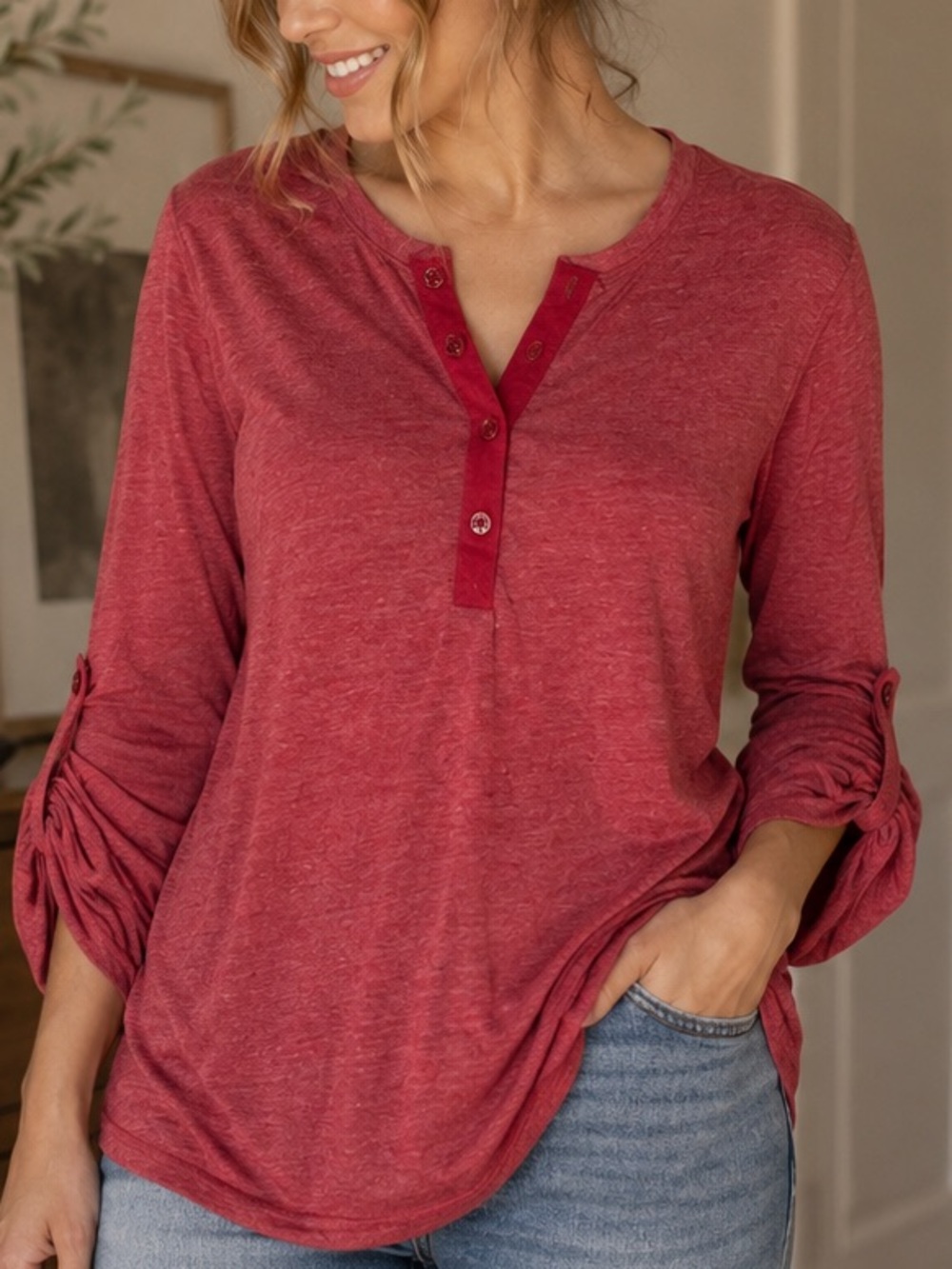 Express Red Marled Henley Top Long Sleeve Button Front Shirt L